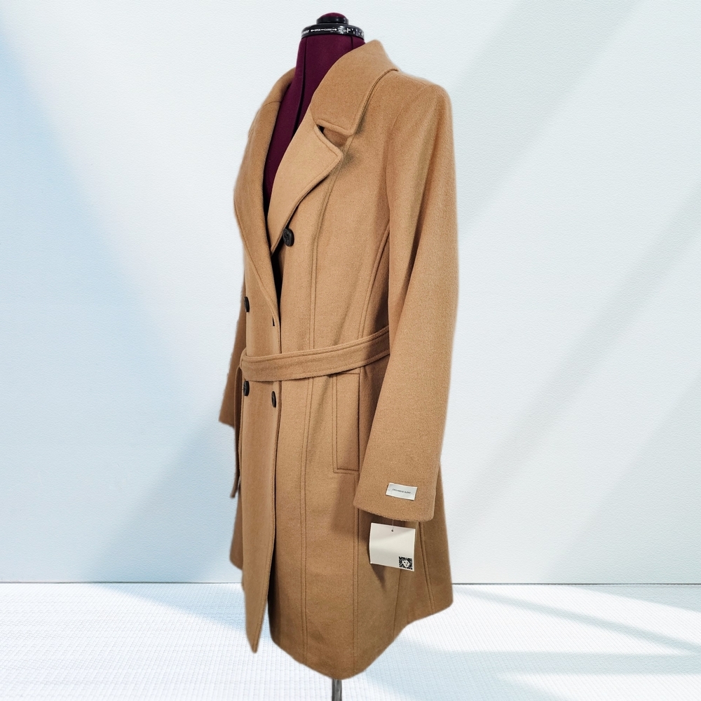 Anne Klein Cashmere Wool Blend Camel Double-Breasted Belted Trench Coat - Picture 5 of 16